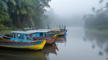 Obraz premium Colorful boats sit on a river bank on a foggy morning