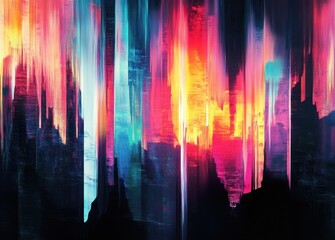 Naklejka premium Abstract digital art background with glitch texture in mint pink black neon colors, futuristic cyberpunk design with distortion effects