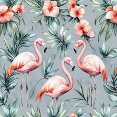 Naklejka premium Watercolor Flamingo Tropical Pattern with Leaves and Flowers in Soft Pastel Colors for Fabric and Wallpaper Design