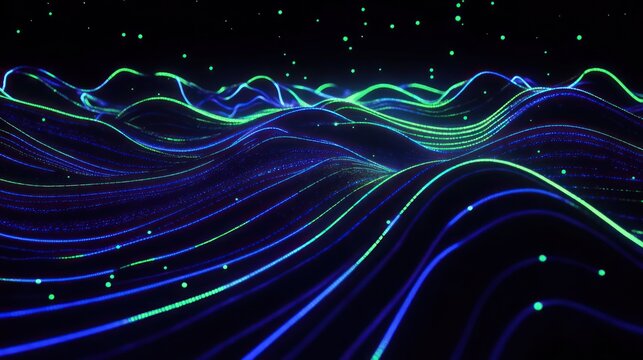 A black background with electric blue and neon green flowing lines and curves, creating an abstract digital landscape of vibrant light particles and glowing waves