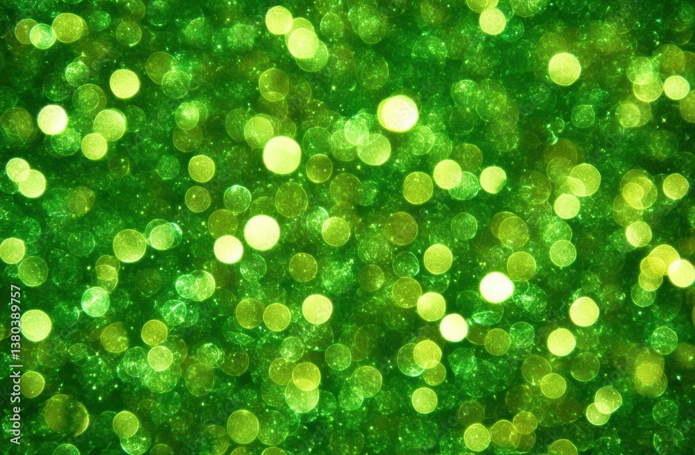Poster Green glitter background with shiny circles of light with bokeh effect of different sizes, creating an abstract and festive atmosphere.