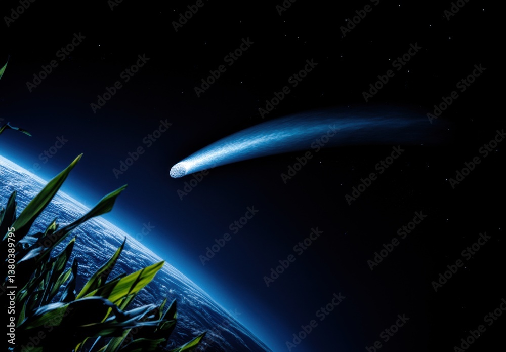 Poster a small comet flies over the earth, leaving behind an arc of light on its way to space. the backgrou