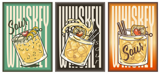 Whiskey sour cocktail glass on retro, retro, vintage poster with ice and slice of olemon for design of surfing, tiki or beach bar menu. Negroni alcohol cocktail set for drink party, summer vibes