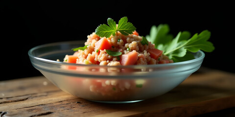 A vibrant and appetizing still life of a freshly prepared tuna salad, displayed in a delicate, opaque glass bowl with a subtle sheen, sitting on a rustic, worn wooden table against a dark background