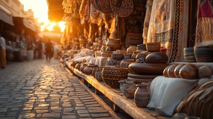 Fototapeta premium A traditional market stall lined with handwoven linen, decorated pottery bowls, and polished gemstone artifacts neatly arranged under a soft