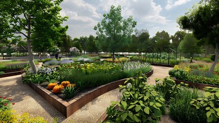 Naklejka premium Urban food forest with a mix of edible perennials, fruit trees, and herbs, designed for sustainable food production