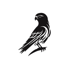 Obraz premium A black and white vector silhouette of a kestrel perched on a branch, scanning the surroundings on a white background.