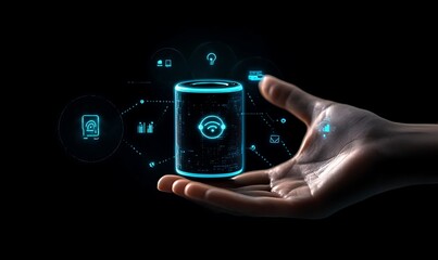  Internet of things iot concept with futuristic glowing hub and hand interaction representing connectivity and digital transformation in smart technologies .