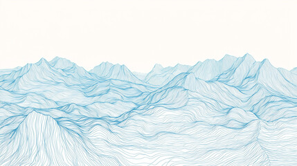 Obraz premium mountain contour line map rendered in a minimalist and artistic style. It uses thin, flowing blue lines to represent the elevation and topography of a mountainous landscape.