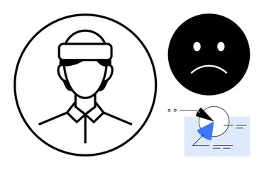 Male avatar in a headband, sad face suggesting emotion or feedback, and pie chart indicating data analysis. Ideal for evaluation, feedback, mood analysis, business performance, employee management