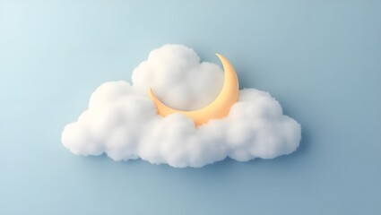 Soft, Fluffy Cloud Cradling a Delicate Crescent Moon, Featuring Gentle Textures, Pastel Tones, and a Subtle Ethereal Glow, Symbolizing a Dream-Like Sleep Environment