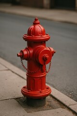  a classic red fire hydrant positioned at the edge of a city sidewalk beside an asphalt road