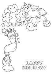 Background with unicorn. Happy birthday party invitation.