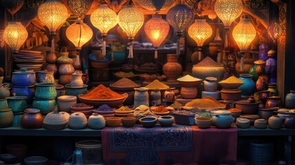 Obraz premium A vibrant food and craft stall showcasing rich spice blends, textured pottery, and glowing paper lanterns arranged in an elegant