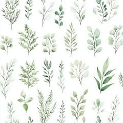 Seamless pattern of delicate green leaves and plants in soft watercolor style for textiles and wallpapers