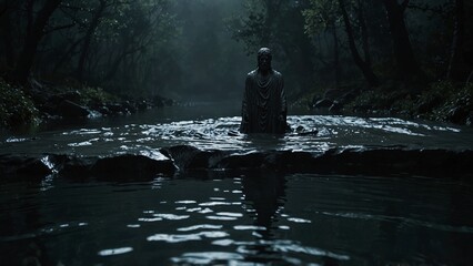 A statue of the River Styx, souls sinking into its dark waters, unable to return