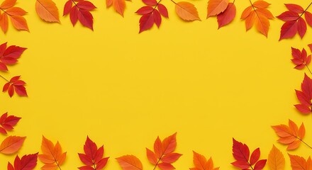 Autumn Leaves Frame, Yellow Background, Fall Colors AI Generated