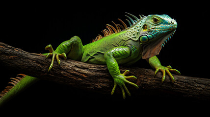 Fototapeta premium iguana on a branch on black background