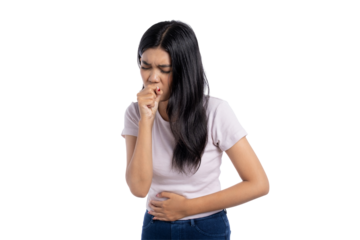 Young Asian woman coughing with hand covering mouth, suffering from dry cough or respiratory issue, isolated on transparent background