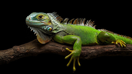 Fototapeta premium iguana on a branch on black background