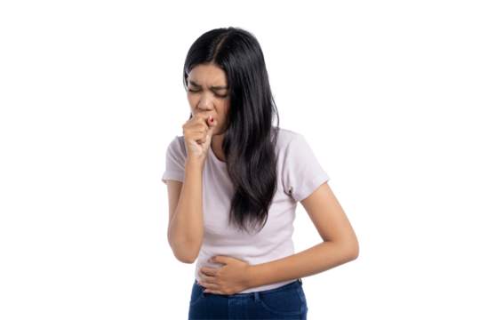 Young Asian woman coughing with hand covering mouth, suffering from dry cough or respiratory issue, isolated on transparent background