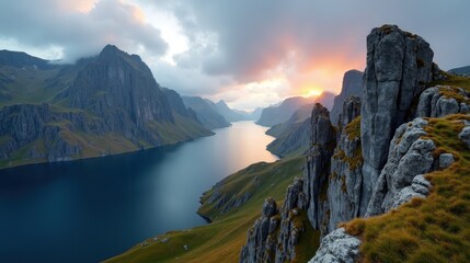 Detailed photo of Kjerag in Norway at dawn with cloudy conditions, captured from a panoramic perspective.