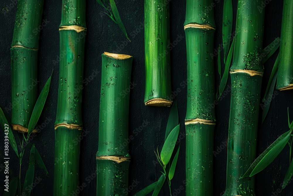 Aufkleber vibrant green bamboo stalks arranged neatly on a dark textured surface creating a natural and serene
