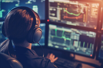 Flight dispatcher coordinating flight schedules on multiple screens. Generative AI