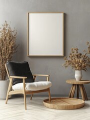 Scandinavian Living Room with Wooden Armchair and Blank Canvas on Gray Wall