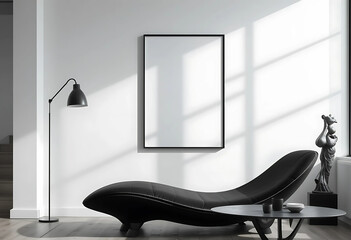 Minimalist Black & White Loft: A crisp white wall with soft shadow play hosts an ISO A-sized poster mockup in a thin monochrome frame. Positioned above a sculptural black chaise lounge.