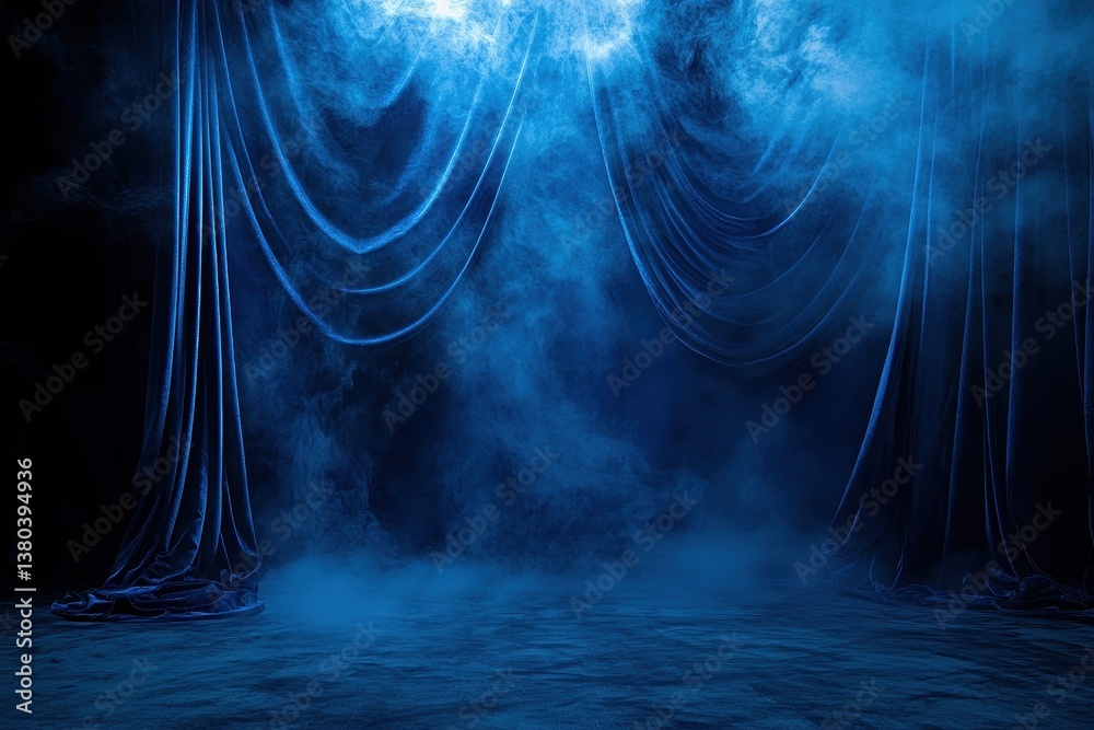 Poster Abstract Blue Stage with Light and Shadow for Presentation or Performance with Elegant Curtain Backdrop and Textured Floor