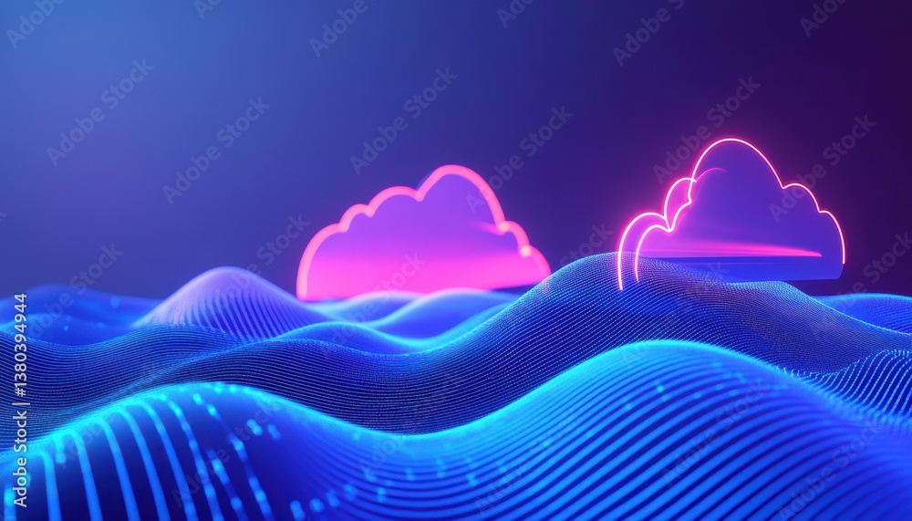 Aufkleber Abstract Blue Wavy Lines and Pink Cloud Shapes Glowing on Dark Blue Background Representing Digital Network Technology and Cloud Computing Concept
