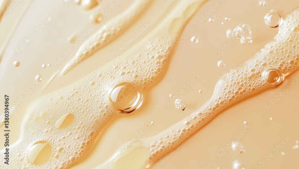 Poster abstract close up of transparent liquid with bubbles and texture on beige background for cosmetic or