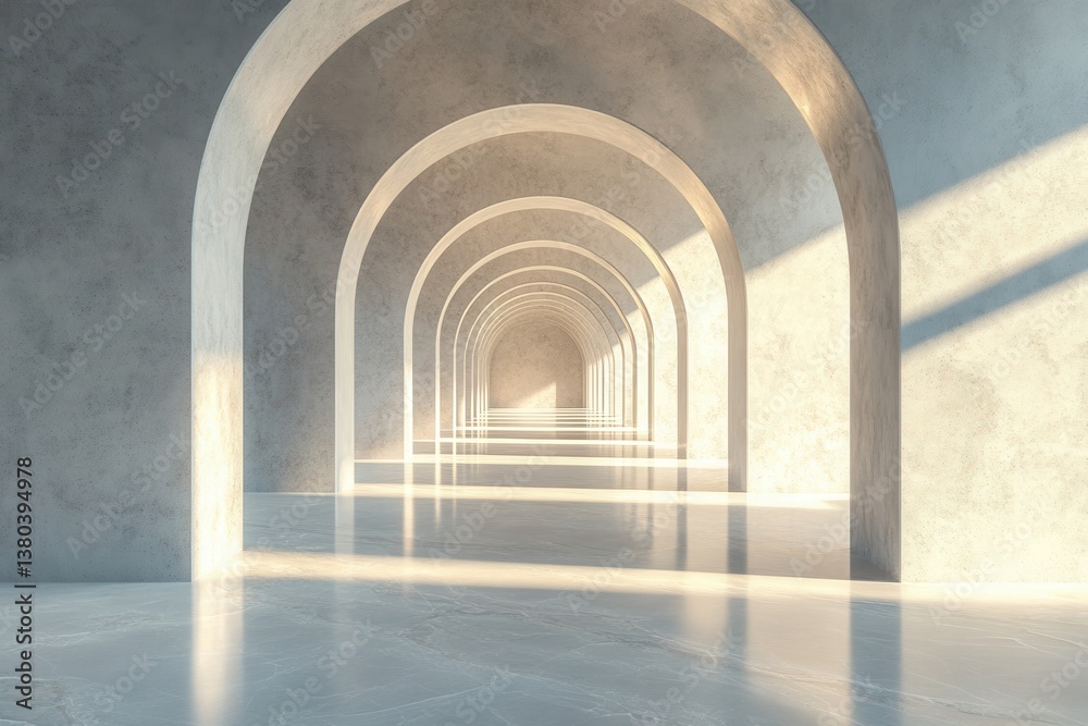 Poster abstract concrete arch tunnel with light and shadow hallway perspective in modern geometric building