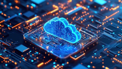 Obraz premium Abstract Cloud Computing Network on a Blue and Orange Circuit Board Glowing with Digital Data and Complex Electronic Systems Sharing Information Securely