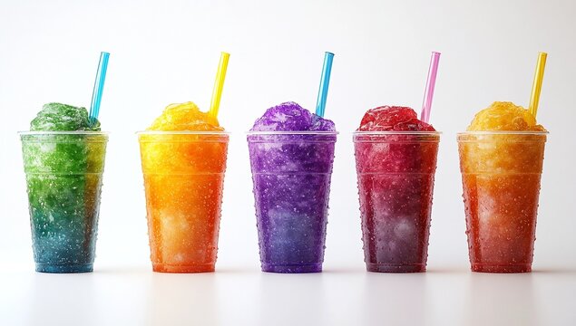 Five colorful frozen treats in clear plastic cups with straws. A refreshing summer beverage.