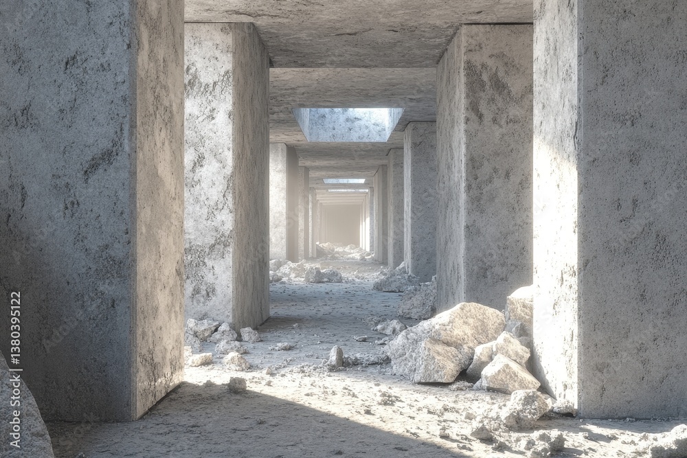 Poster abstract concrete structure with tunnel perspective in gray stone and geometric pillar design