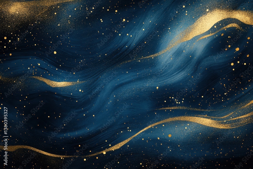 Poster Abstract Dark Blue and Gold Glitter Background with Wavy Patterns Creates an Elegant and Luxurious Texture for Festive Celebrations