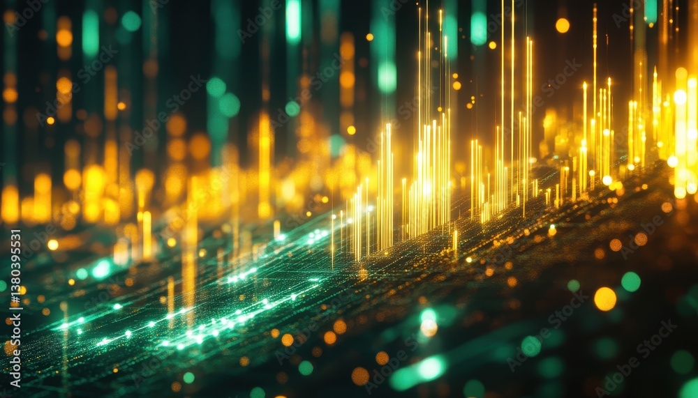 Poster Abstract Data Stream in Green and Gold Hues with Bokeh Lights Tech Forward Visuals a Dynamic Interplay of Light and Color Representing High Speed Digital Connectivity