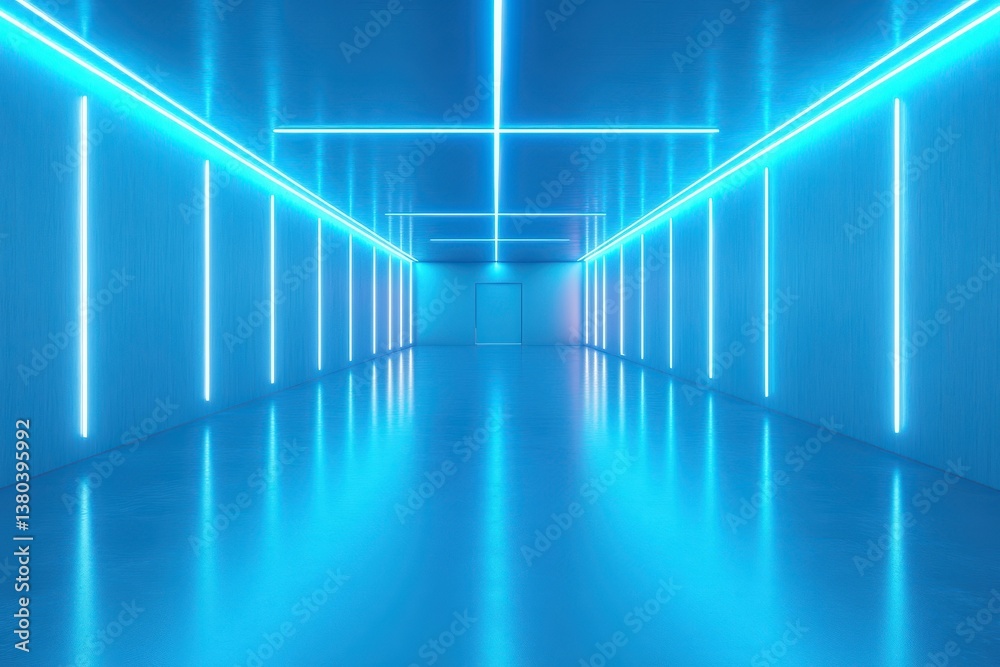 Poster Abstract Futuristic Tunnel with Neon Blue Lights and Geometric Design in a Modern Architectural Space