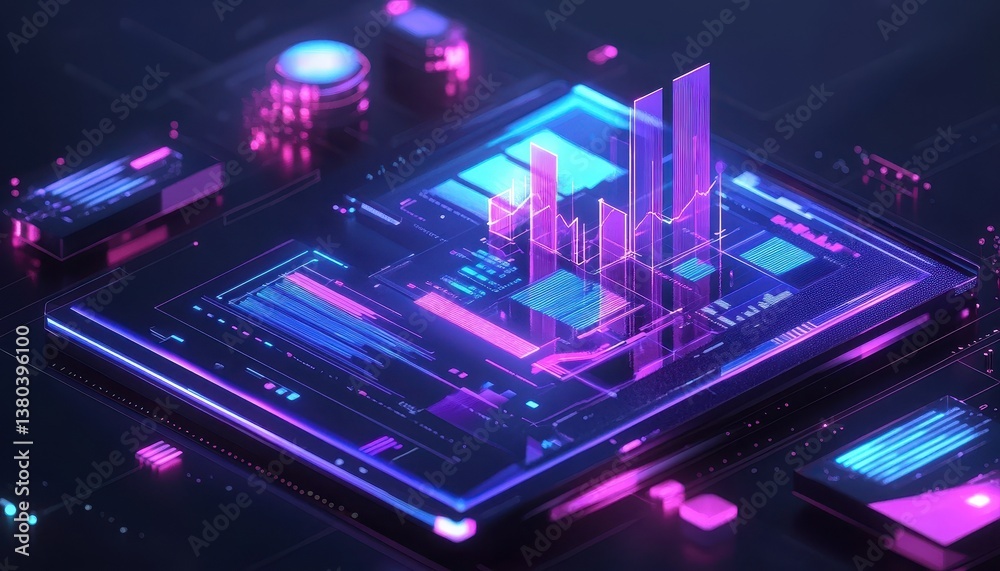 Poster Abstract Glowing Circuit Board with Intricate Electronic Components and Digital Data Pattern Featuring Blue and Magenta Tones in a Modern High Tech Design