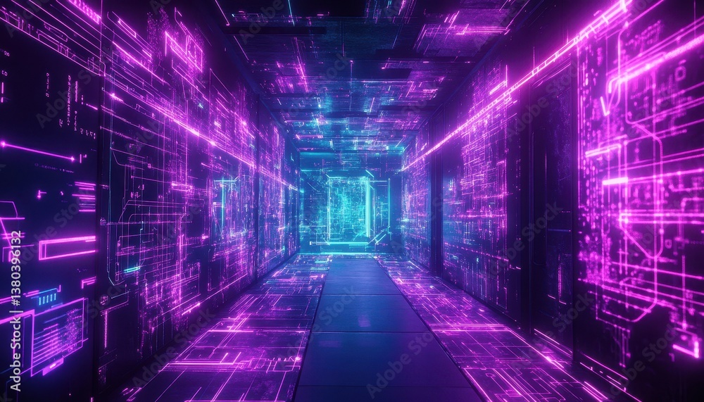 Poster Abstract Glowing Neon Tunnel With Circuit Board Pattern in Cyberpunk Style with Purple and Blue Lights