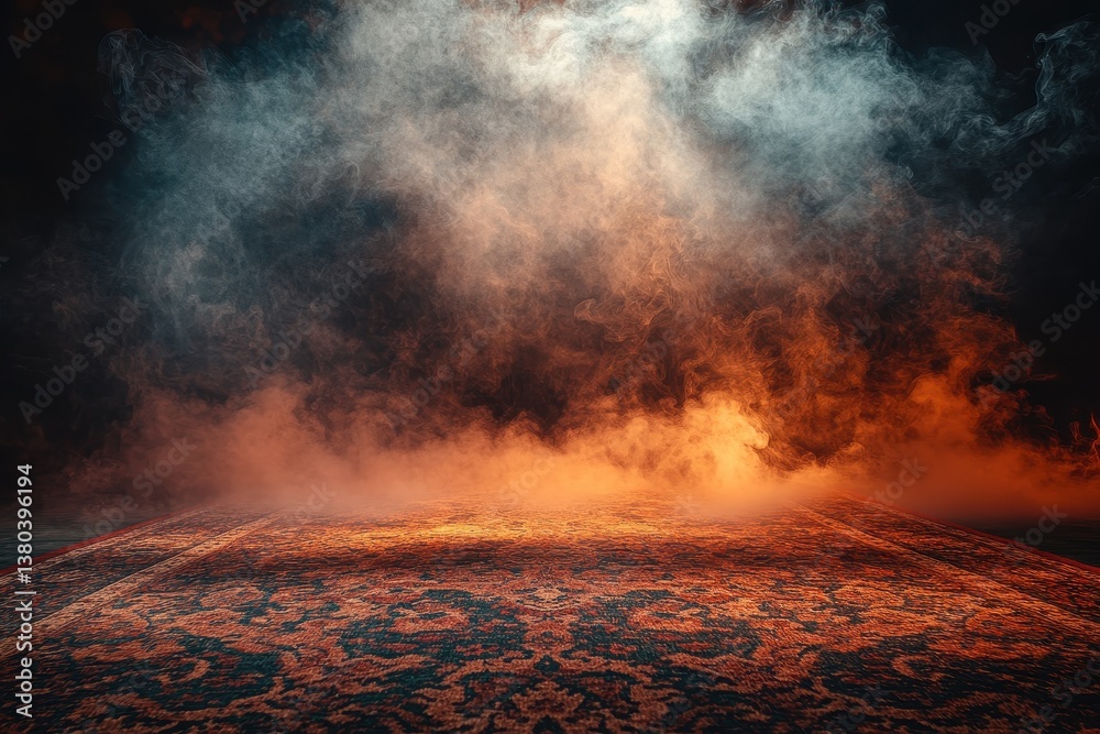 Aufkleber Abstract Glowing Particles Floating Above Textured Surface in Dark Environment with Volumetric Lighting and Warm Orange Hues for Modern Digital Art Designs