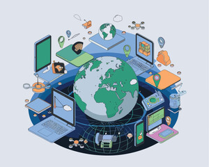 vector illustrative poster that celebrates global communication technology . Showcase a world travel by advanced communication systems.
