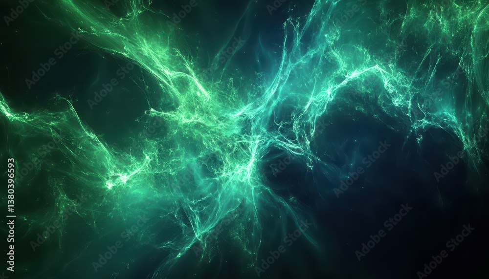 Leinwandbilder Abstract Green and Blue Swirling Nebula Background with Particles Shining Through in a Dark Space with an Energy Glow
