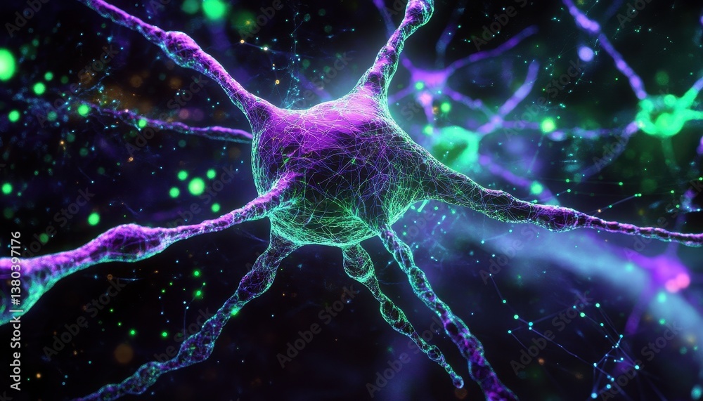 Poster abstract neural network visualization with glowing purple and green neurons on a dark background rep
