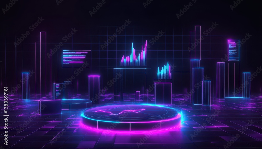 Aufkleber abstract neon cyberpunk cityscape with data visualization and futuristic glowing elements in a dark 