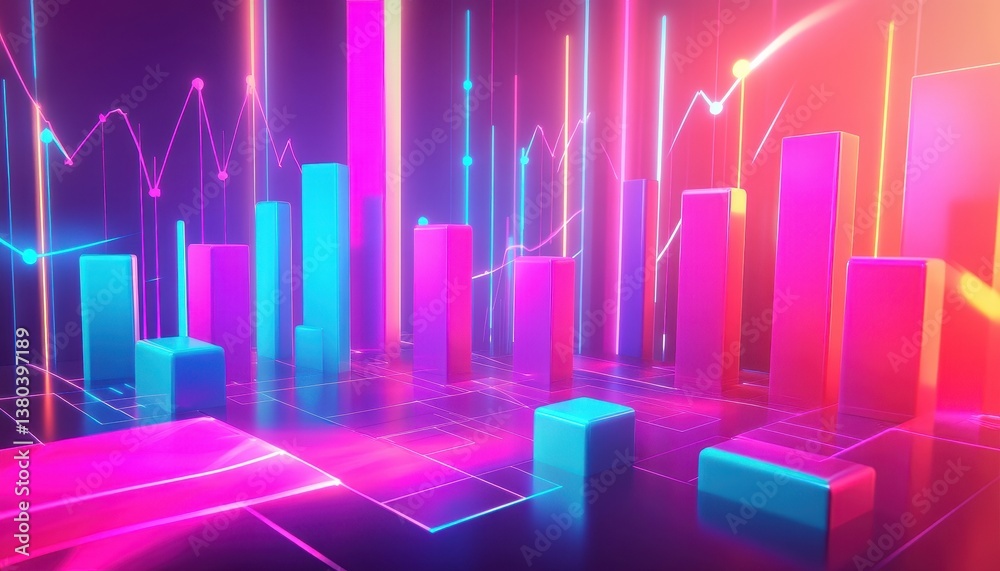 Poster abstract neon finance chart showing business growth and investment with vibrant colors and modern de