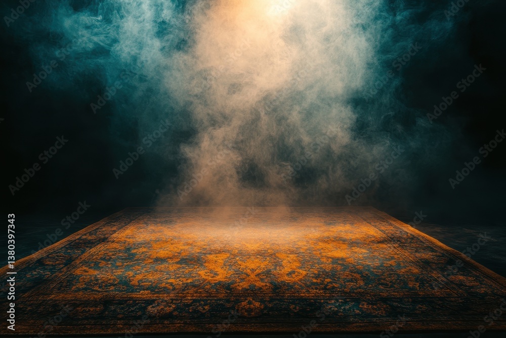 Fototapete Abstract Particle Flow with Light Effect in Orange and Teal Color Palette on Dark Stage Creating a Dynamic Atmospheric Background