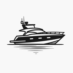 Luxury motor yacht outline drawing on white background, minimalist design, maritime theme, black and white